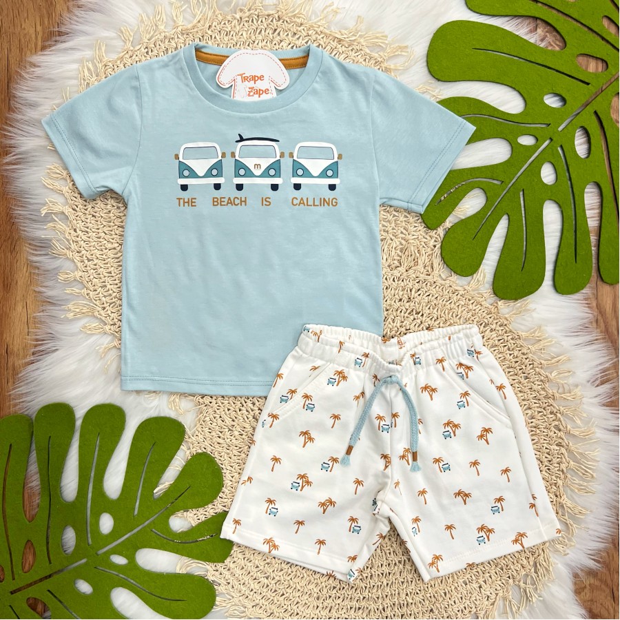 Conj. Camiseta The Beach is Calling e Bermuda - Verde Água e Ferrugem